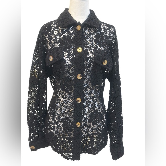 Merokeety Black Lace Collar Peek A Boo Button-Up  Hi Low Cardigan SZ Medium EUC - Picture 1 of 14